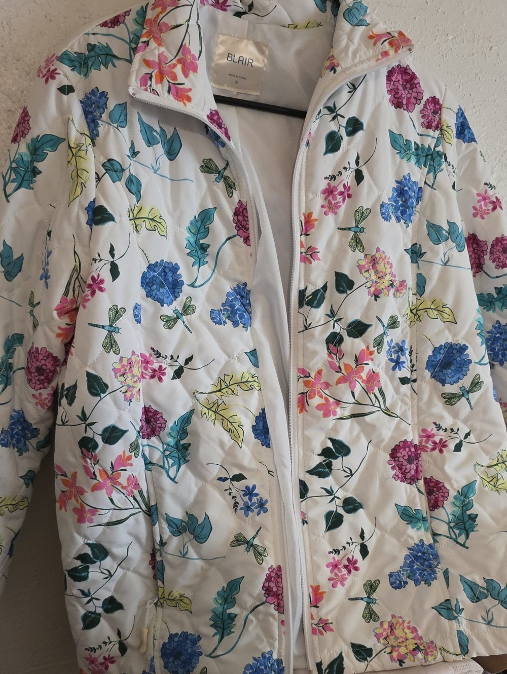 Blair White Floral Quilted Puffer Jacket with Blue, Pink & Green Accents